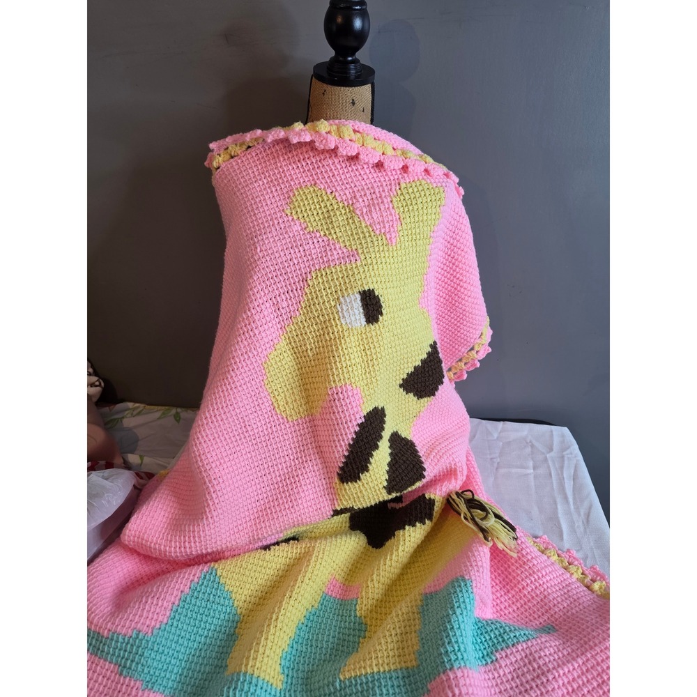 Handmade Crochet Baby Blanket Pink Yellow Giraffe Nursery Afghan Tassel Border